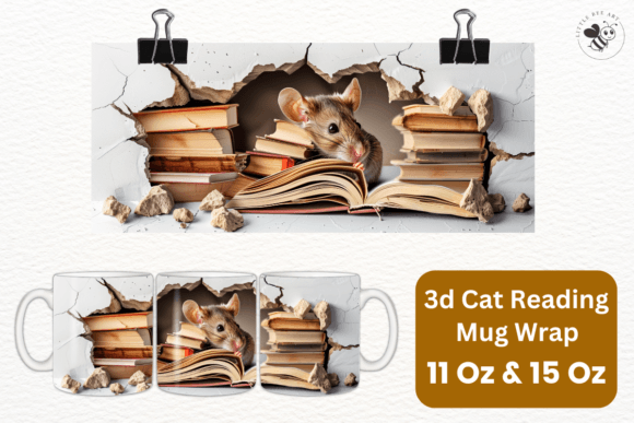 3D Cat Reading Mug Wrap Template - No 08