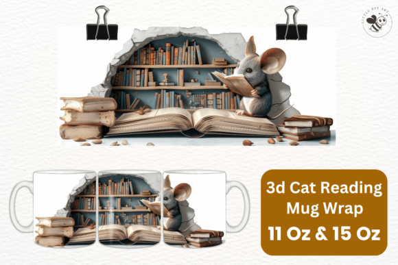 3D Cat Reading Mug Wrap Template - No 13