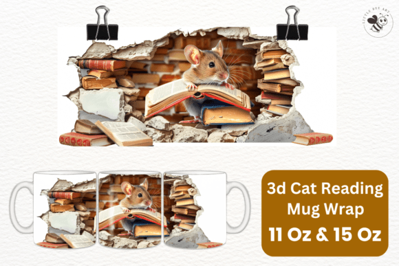 3D Cat Reading Mug Wrap Template - No 15