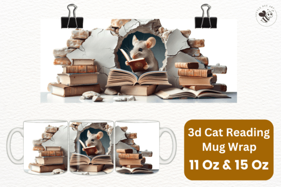 Charming 3D Cat Reading Mug Wrap Template